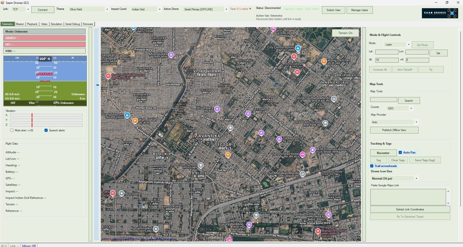 SAAM GCS Telemetry tab — live HUD, flight data and map with mode and flight controls